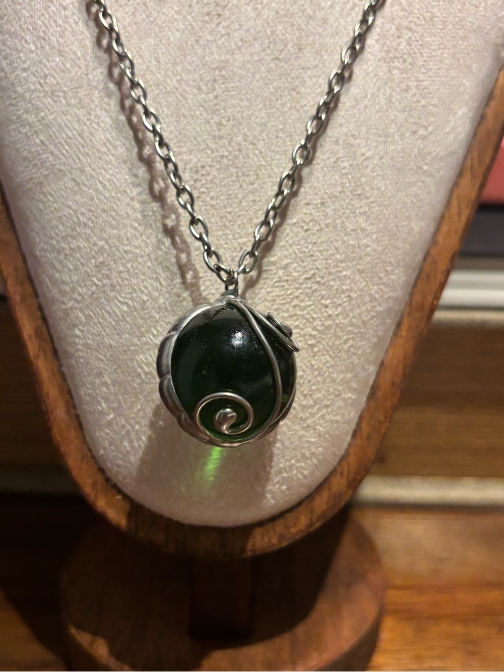 Handmade Vintage Green Glass Wire Wrapped Pendant Necklace
